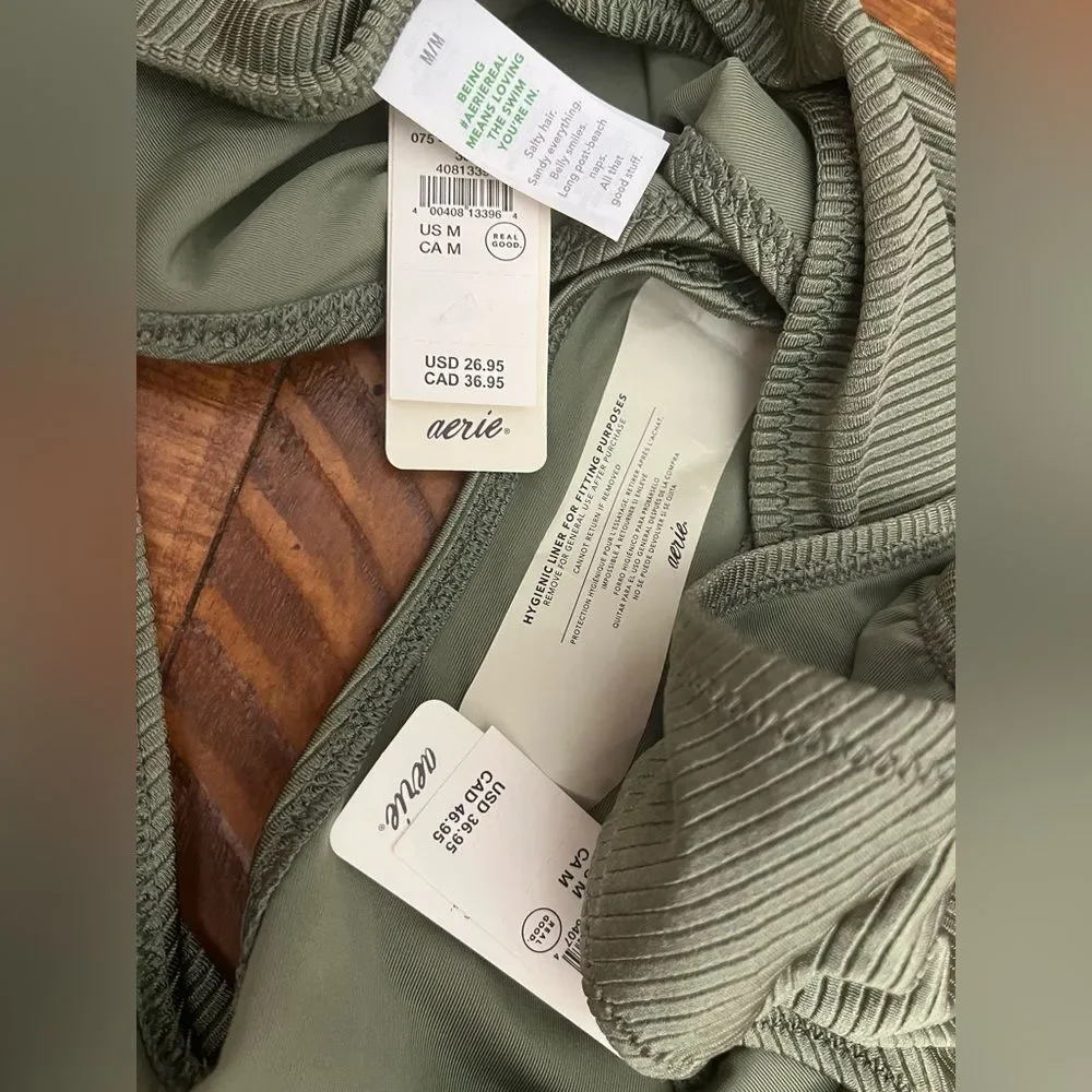 NWT Aerie FULL SET Beach Babe Shine Rib Voop + Full Coverage Bottom in Olive 🫒